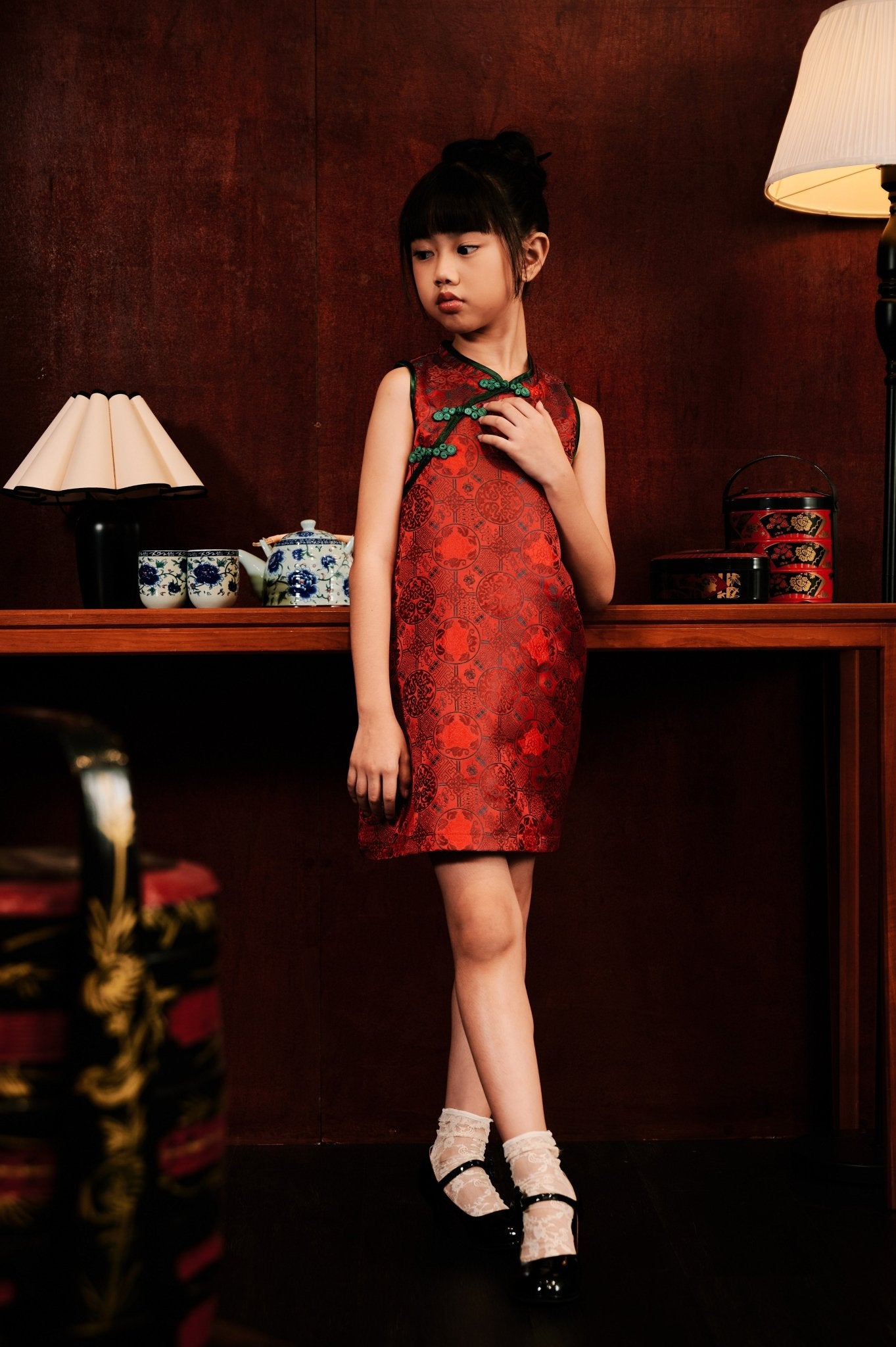 The Huā Collection Girl Sleeveless Cheongsam in 韵 Cadence Jacquard Dark Red - Umbi