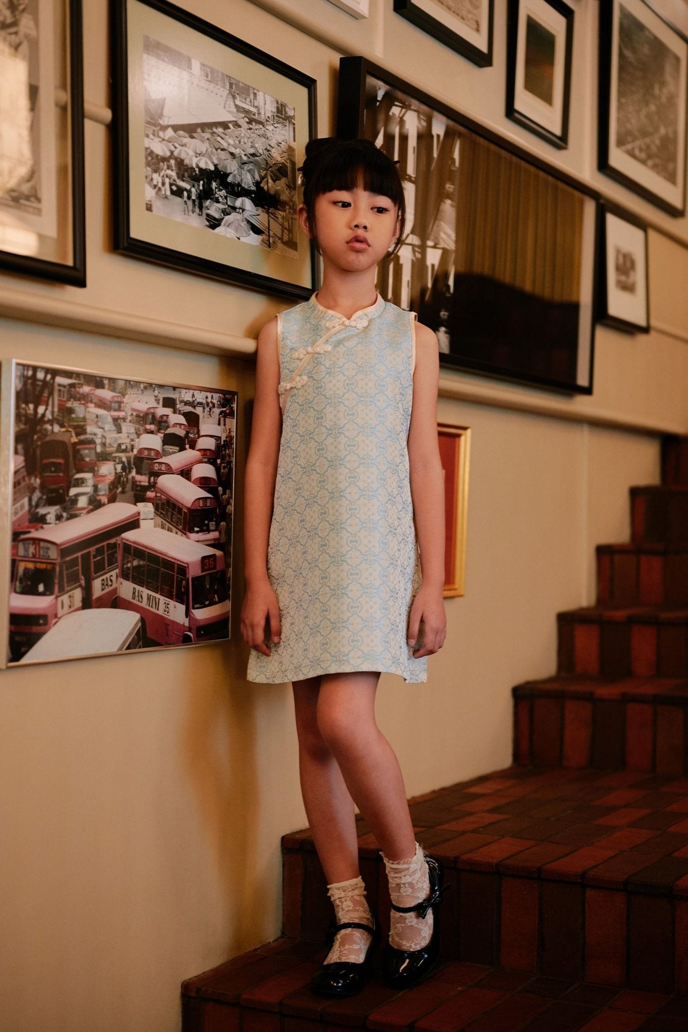The Huā Collection Girl Sleeveless Cheongsam in 韵 Cadence Jacquard Soft Blue - Umbi