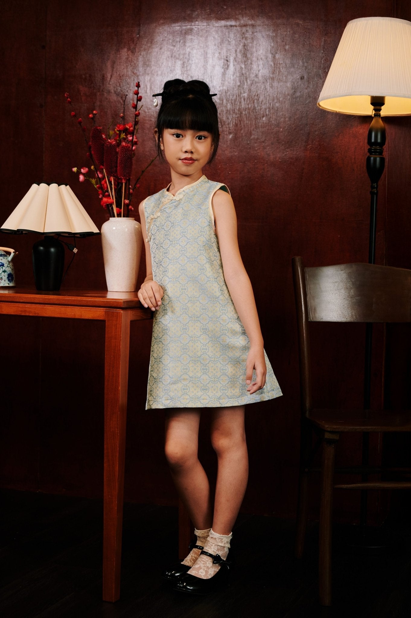 The Huā Collection Girl Sleeveless Cheongsam in 韵 Cadence Jacquard Soft Blue - Umbi