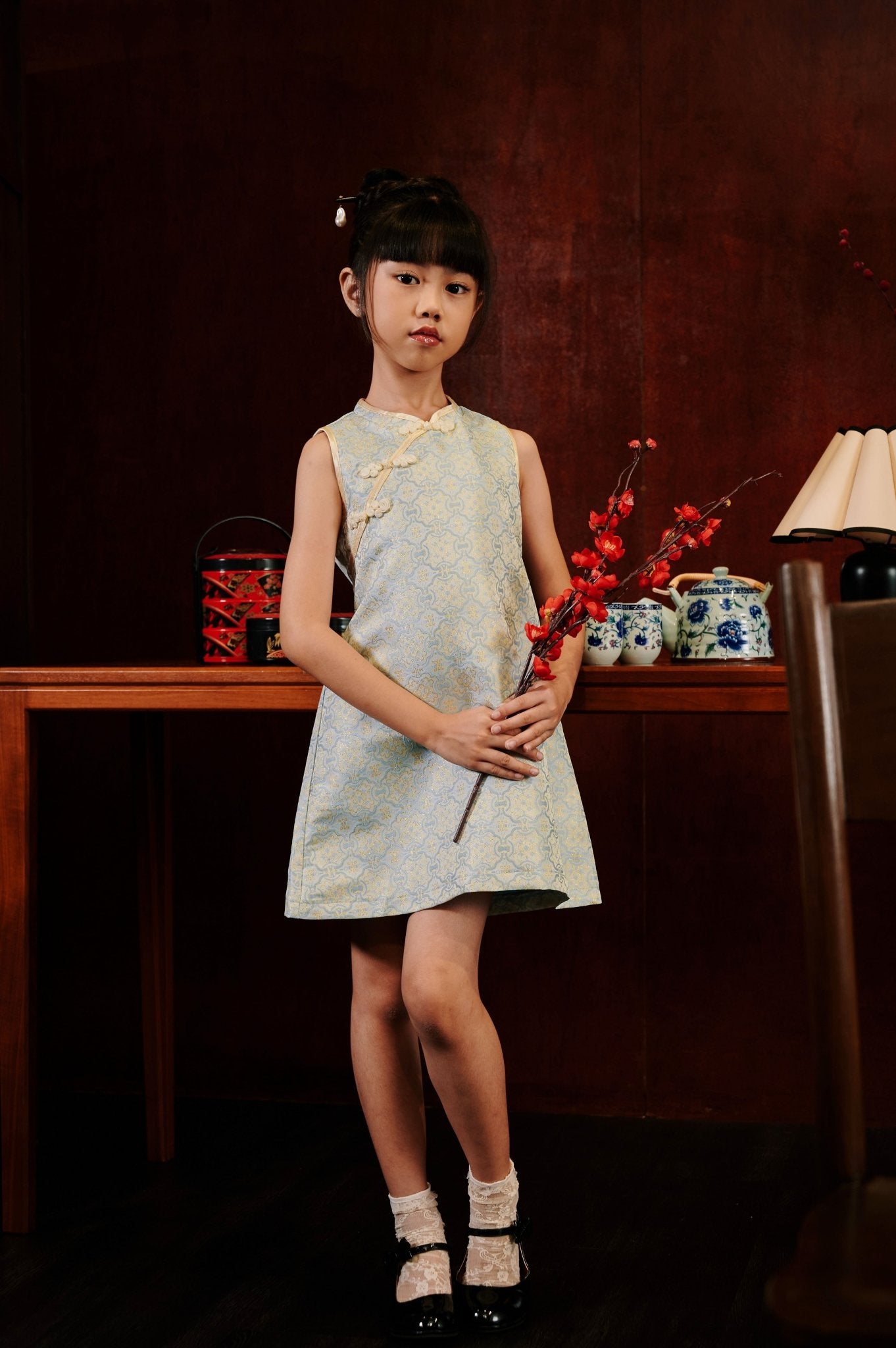 The Huā Collection Girl Sleeveless Cheongsam in 韵 Cadence Jacquard Soft Blue - Umbi
