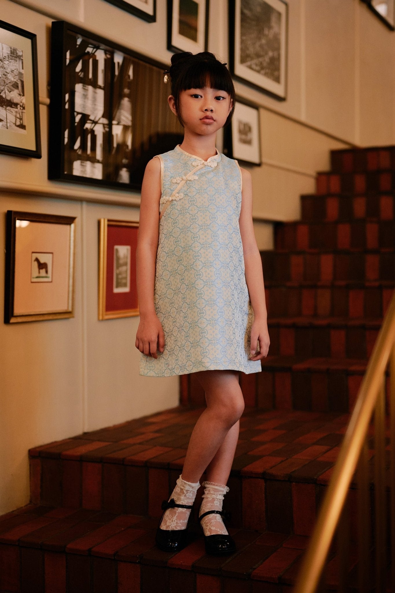 The Huā Collection Girl Sleeveless Cheongsam in 韵 Cadence Jacquard Soft Blue - Umbi