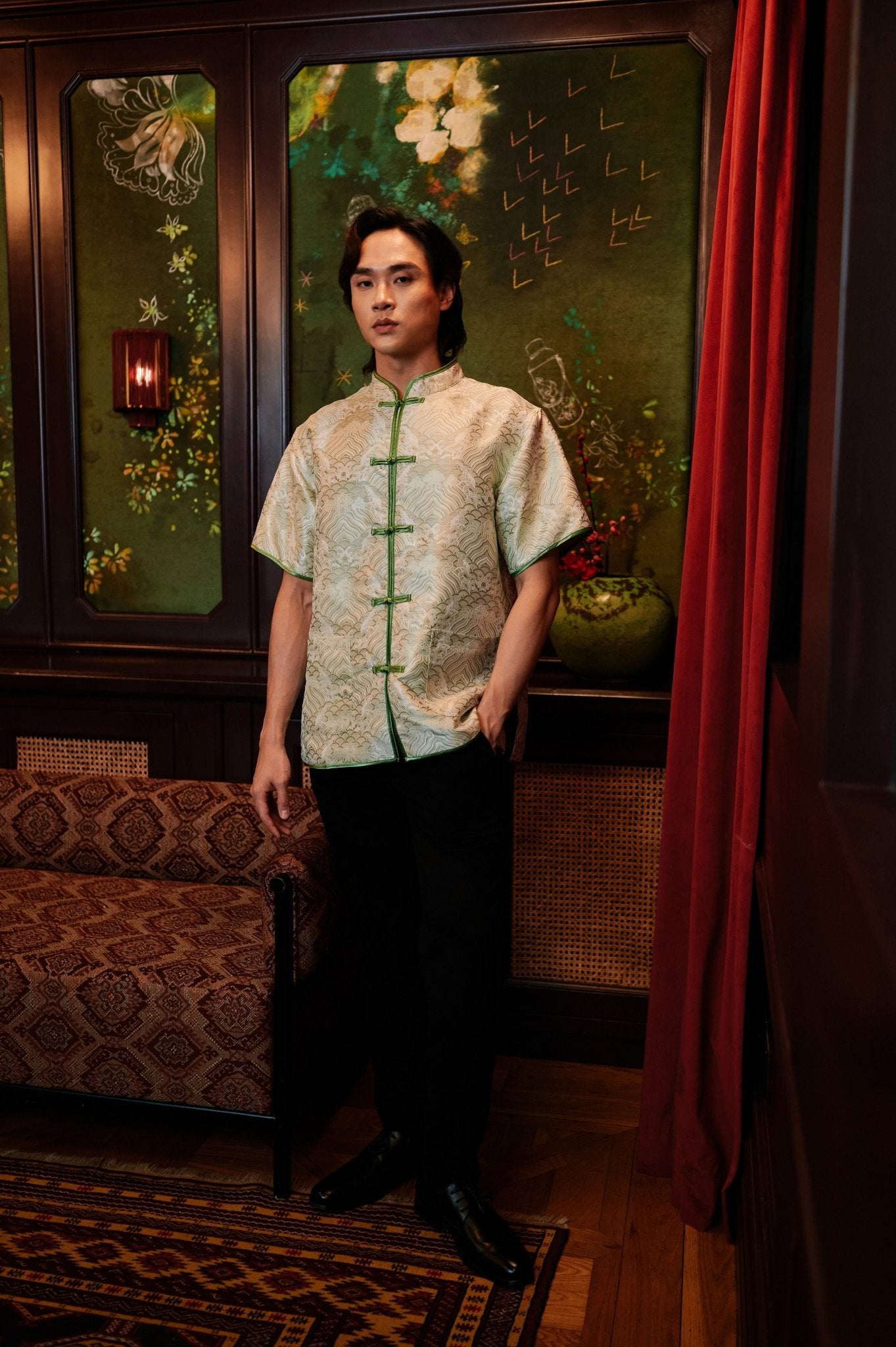 The Huā Collection Men Short Sleeves Samfu in 韵 Cadence Jacquard Green - Umbi