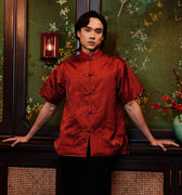 The Huā Collection Men Short Sleeves Samfu in 韵 Cadence Jacquard Red - Umbi