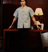 The Huā Collection Men Short Sleeves Samfu in 韵 Cadence Jacquard Soft Blue - Umbi