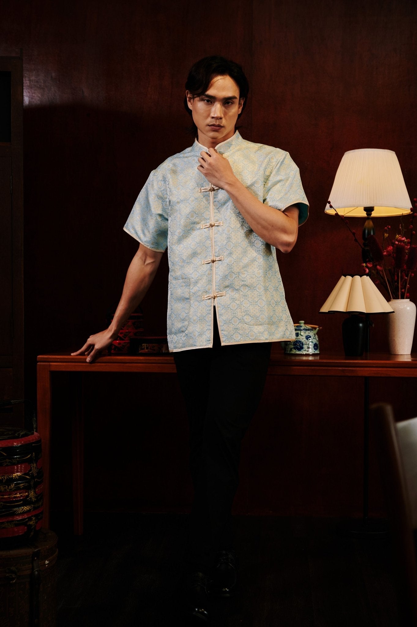 The Huā Collection Men Short Sleeves Samfu in 韵 Cadence Jacquard Soft Blue - Umbi