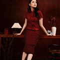 The Huā Collection Women Classic Oriental Blouse in 韵 Cadence Jacquard Maroon - Umbi