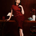 The Huā Collection Women Classic Oriental Blouse in 韵 Cadence Jacquard Maroon - Umbi