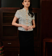 The Huā Collection Women Classic Oriental Blouse in 韵 Cadence Jacquard Soft Blue - Umbi