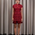 The Huā Collection Women Pleated Cheongsam in 韵 Cadence Jacquard Maroon - Umbi
