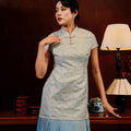 The Huā Collection Women Pleated Cheongsam in 韵 Cadence Jacquard Soft Blue - Umbi