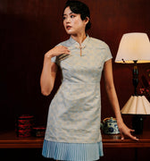 The Huā Collection Women Pleated Cheongsam in 韵 Cadence Jacquard Soft Blue - Umbi