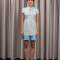 The Huā Collection Women Pleated Cheongsam in 韵 Cadence Jacquard Soft Blue - Umbi