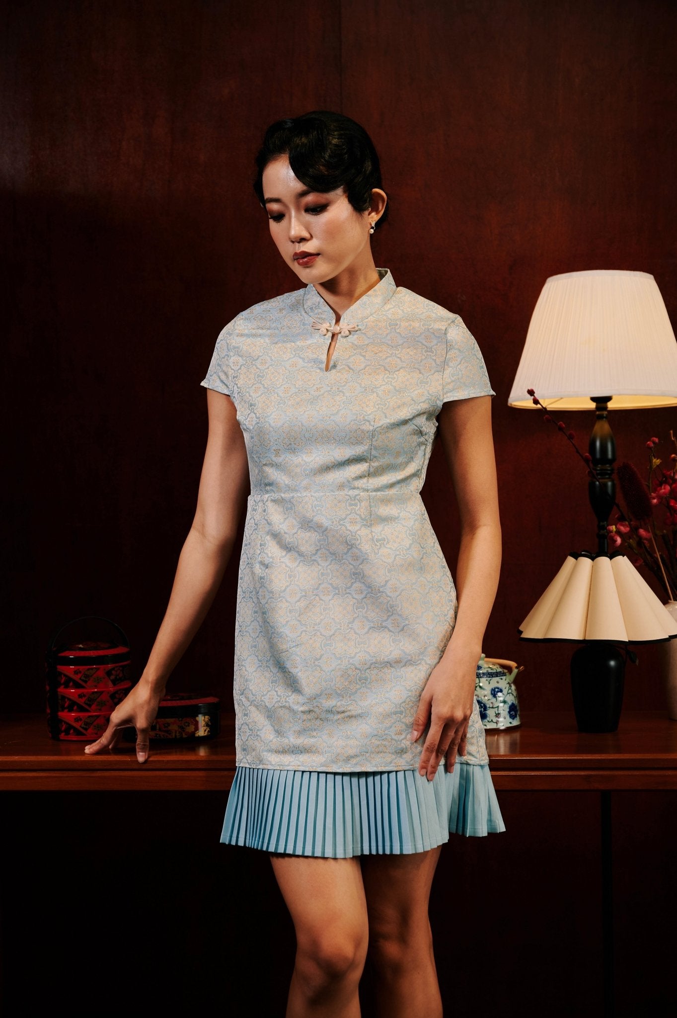 The Huā Collection Women Pleated Cheongsam in 韵 Cadence Jacquard Soft Blue - Umbi