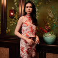 The Huā Collection Women Sleeveless Oriental Blouse in 蕊 Blossom Jacquard Red - Umbi