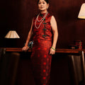 The Huā Collection Women Sleeveless Oriental Blouse in 韵 Cadence Jacquard Dark Red - Umbi