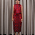 The Huā Collection Women Sleeveless Oriental Blouse in 韵 Cadence Jacquard Dark Red - Umbi