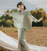 The Shawwal Collection Girl Kaftan Set Matcha Green Satin - Umbi