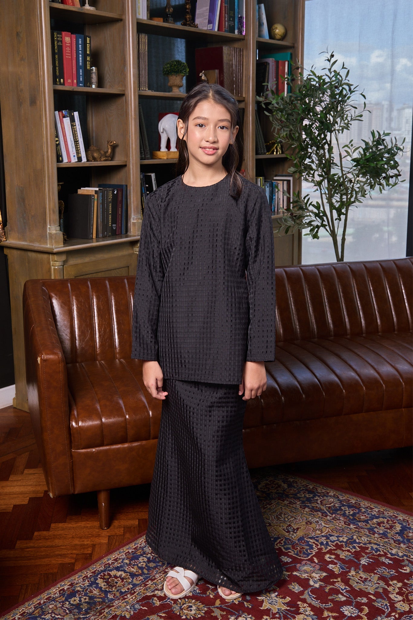 The Warisan Raya Girl Fitted Kurung Set Checked Black - Umbi