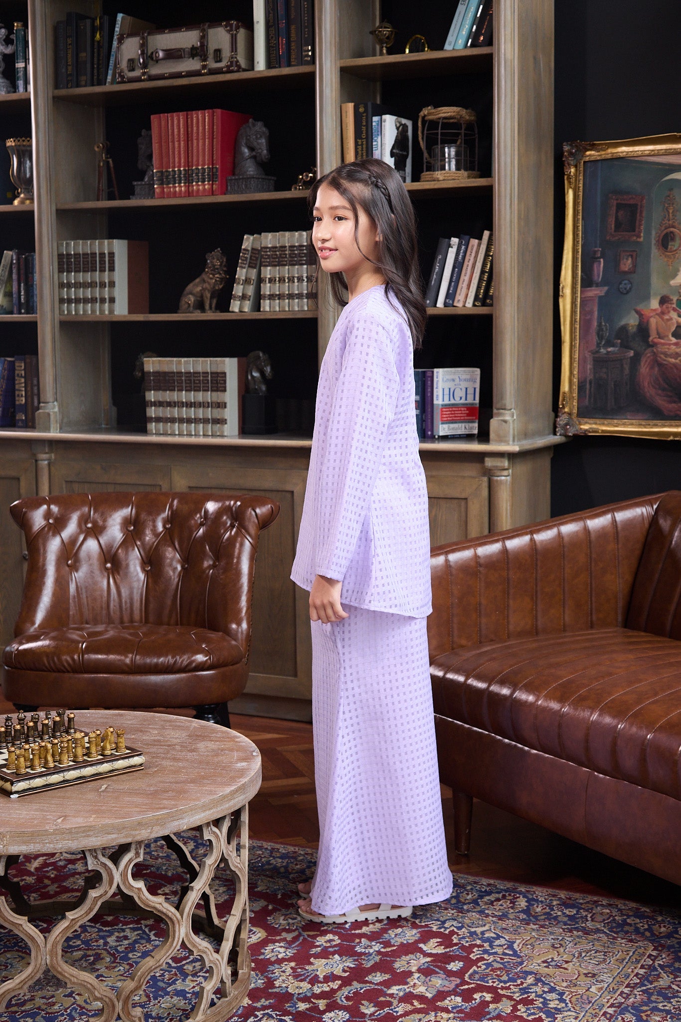 The Warisan Raya Girl Fitted Kurung Set Checked Lilac - Umbi