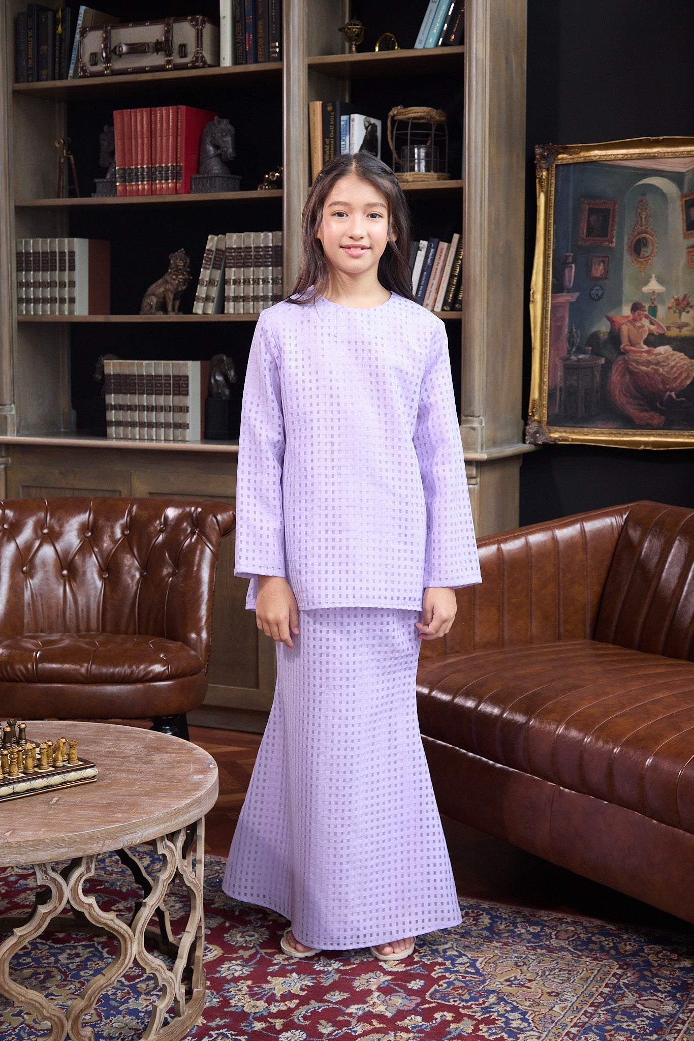The Warisan Raya Girl Fitted Kurung Set Checked Lilac - Umbi
