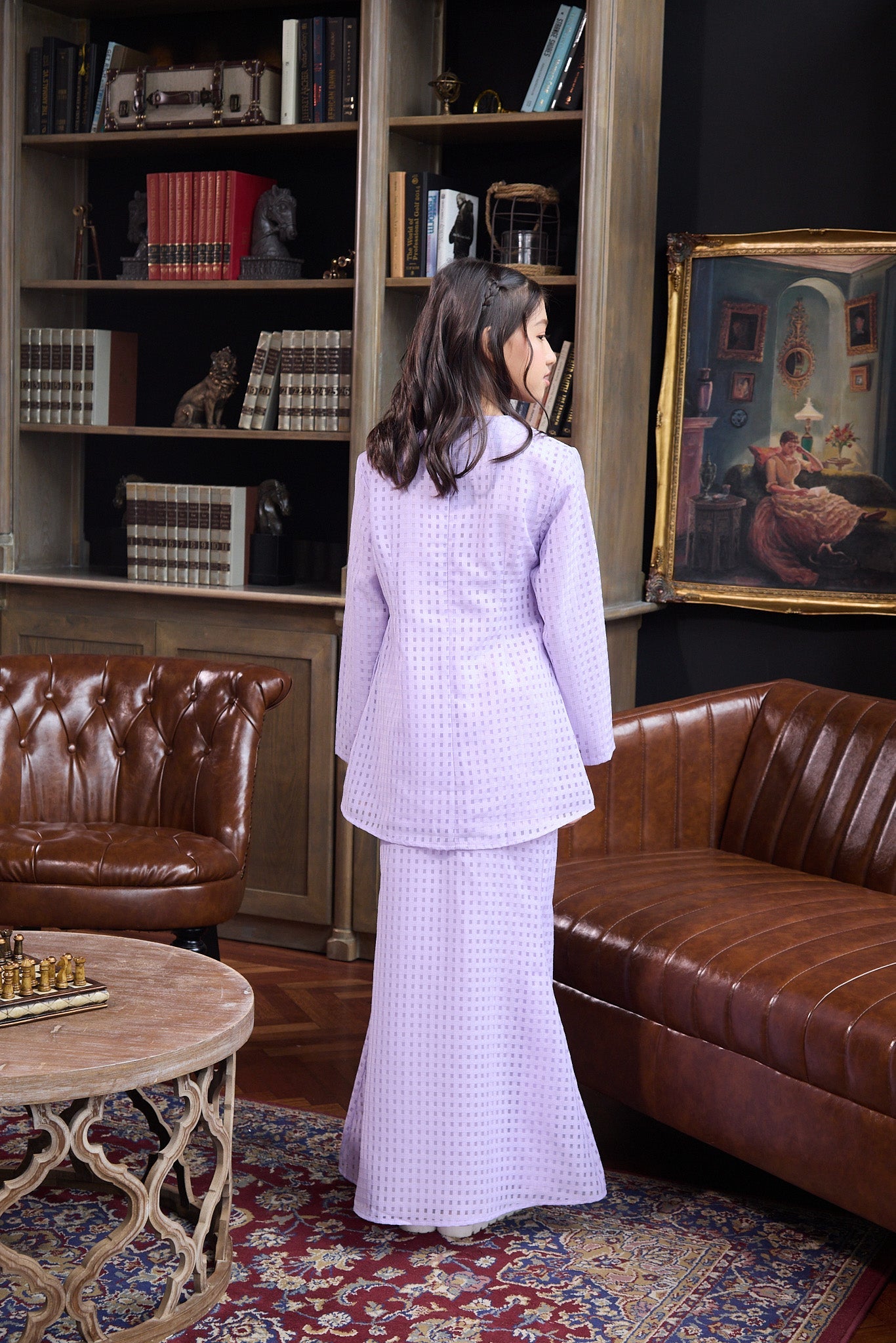 The Warisan Raya Girl Fitted Kurung Set Checked Lilac - Umbi