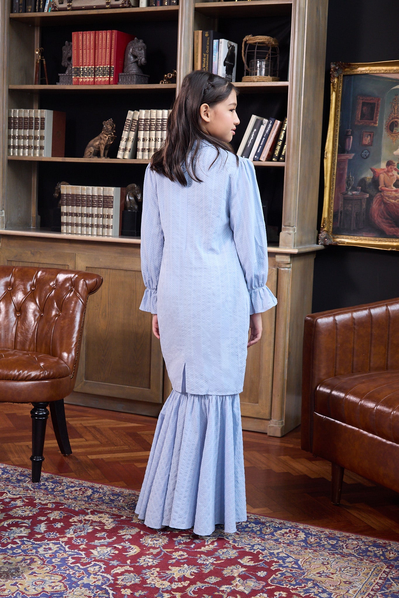 The Warisan Raya Girl Jasmine Kurung Set Blue Polka Dot - Umbi