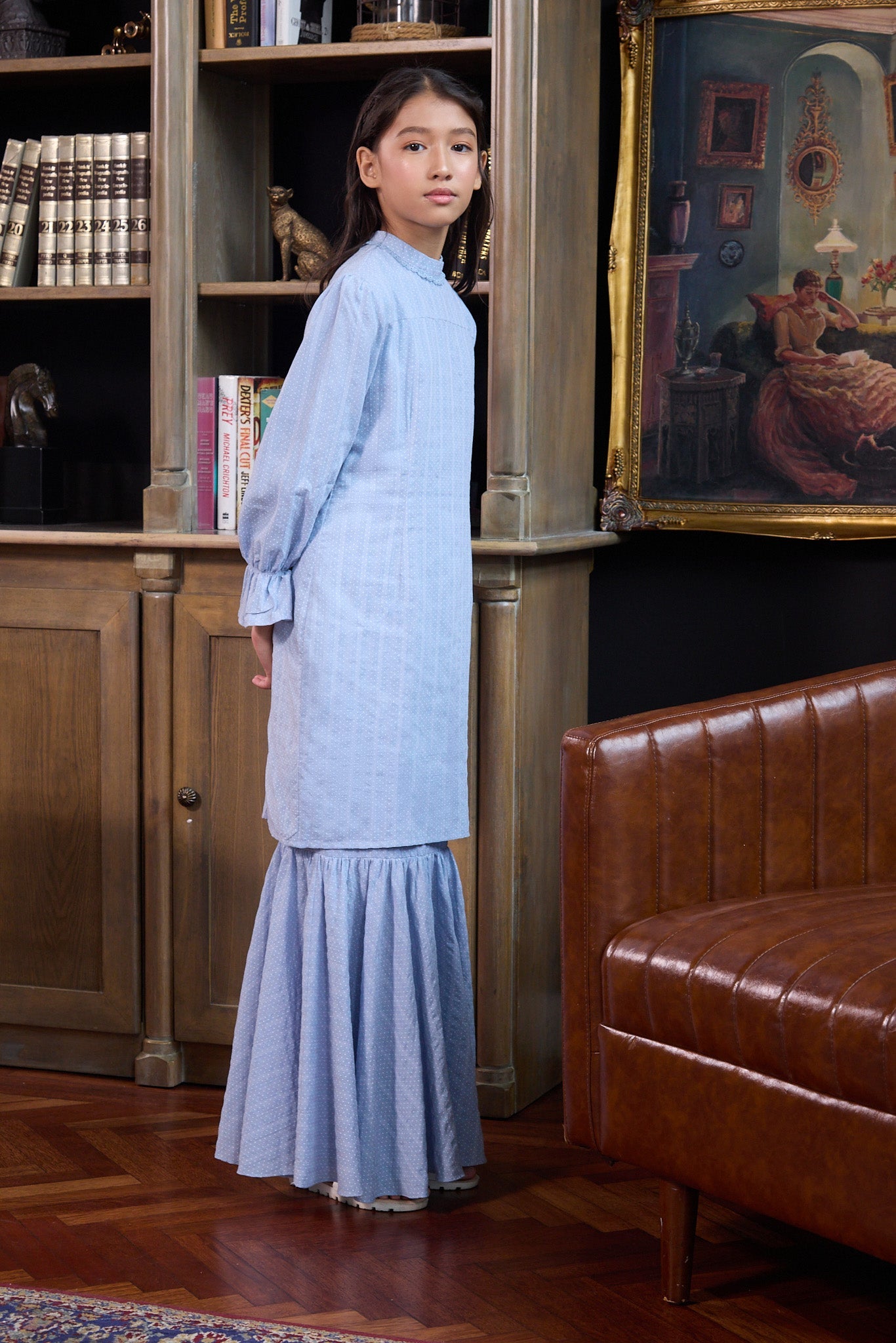 The Warisan Raya Girl Jasmine Kurung Set Blue Polka Dot - Umbi