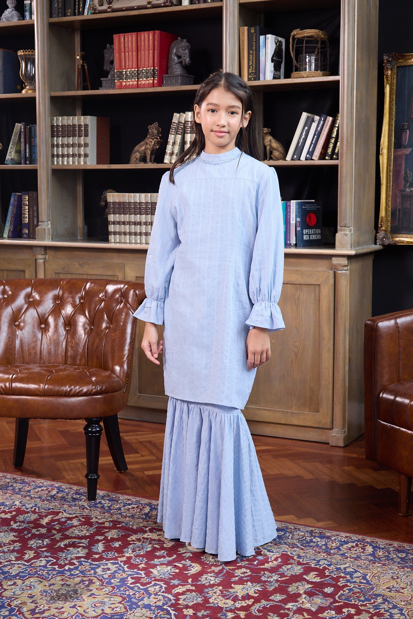 The Warisan Raya Girl Jasmine Kurung Set Blue Polka Dot - Umbi