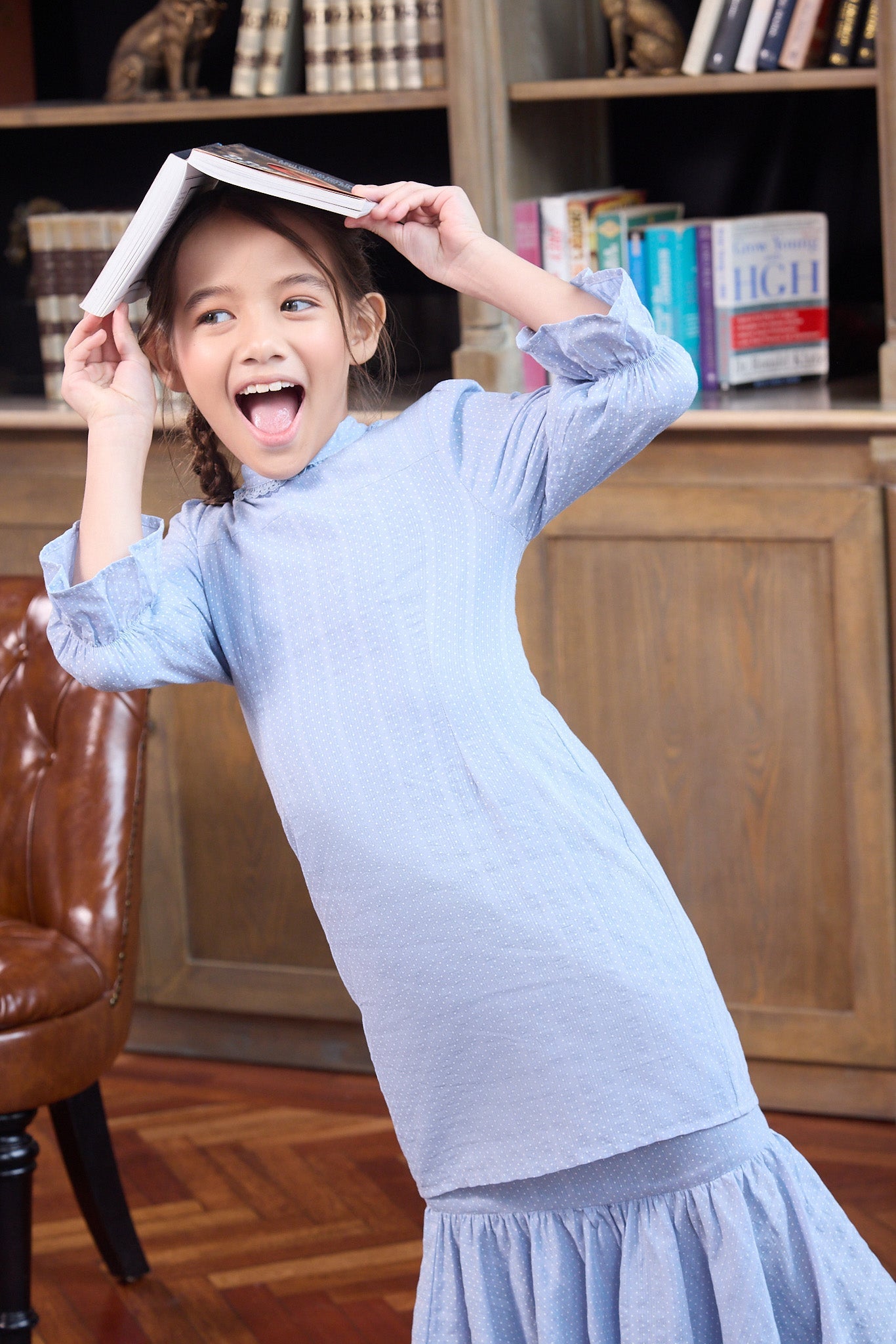 The Warisan Raya Girl Jasmine Kurung Set Blue Polka Dot - Umbi