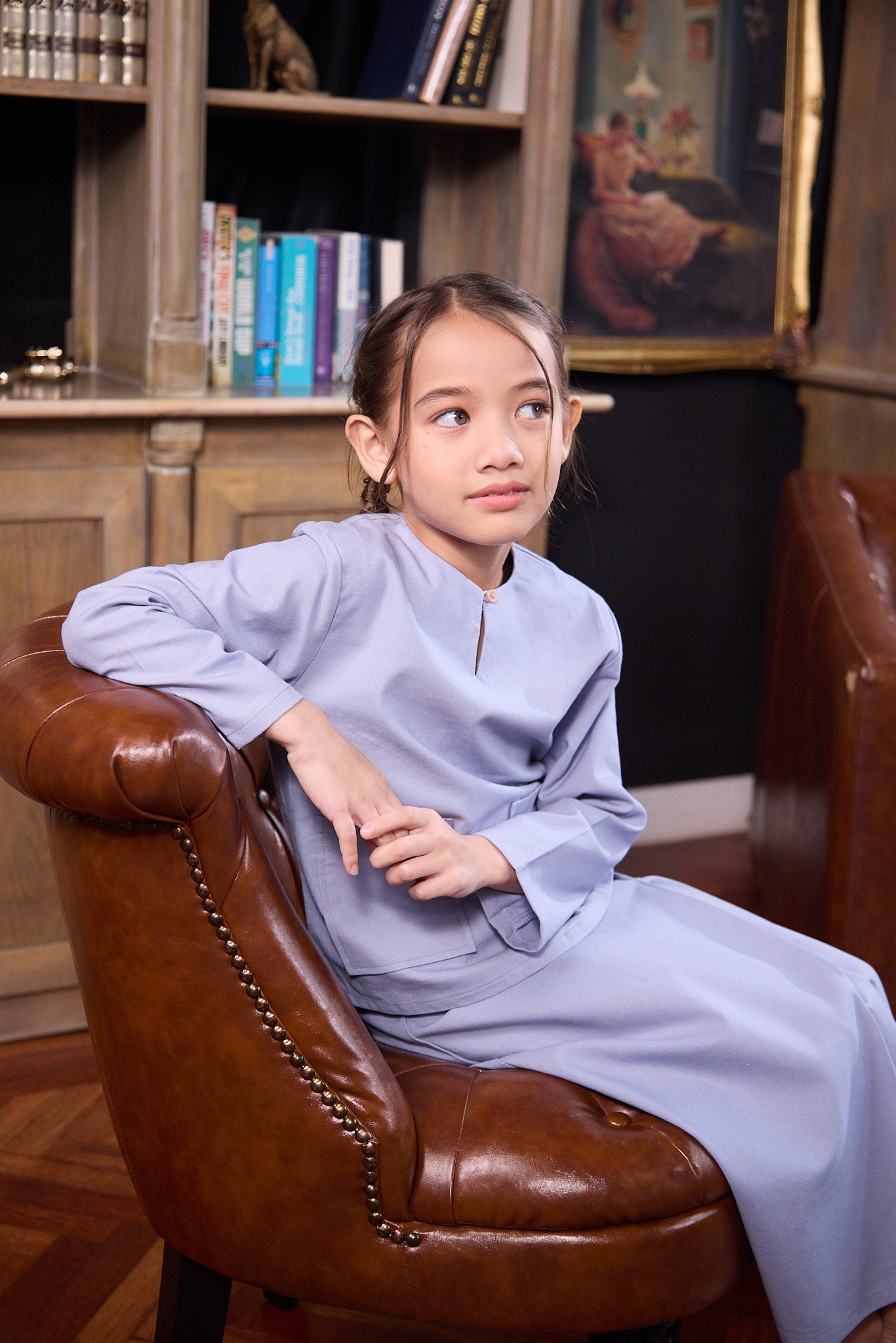 The Warisan Raya Girl Kurung Top Stone Blue - Umbi