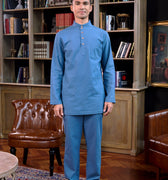 men standing pose wearing baju melayu set steel blue