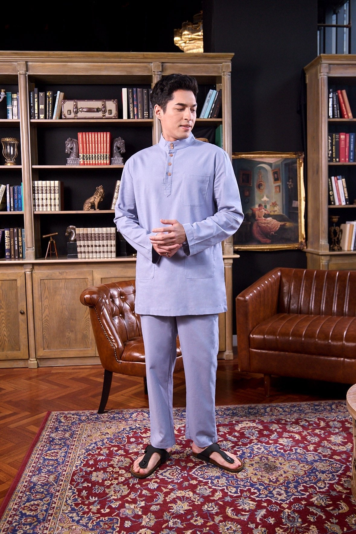The Warisan Raya Men Baju Melayu Set Stone Blue - Umbi