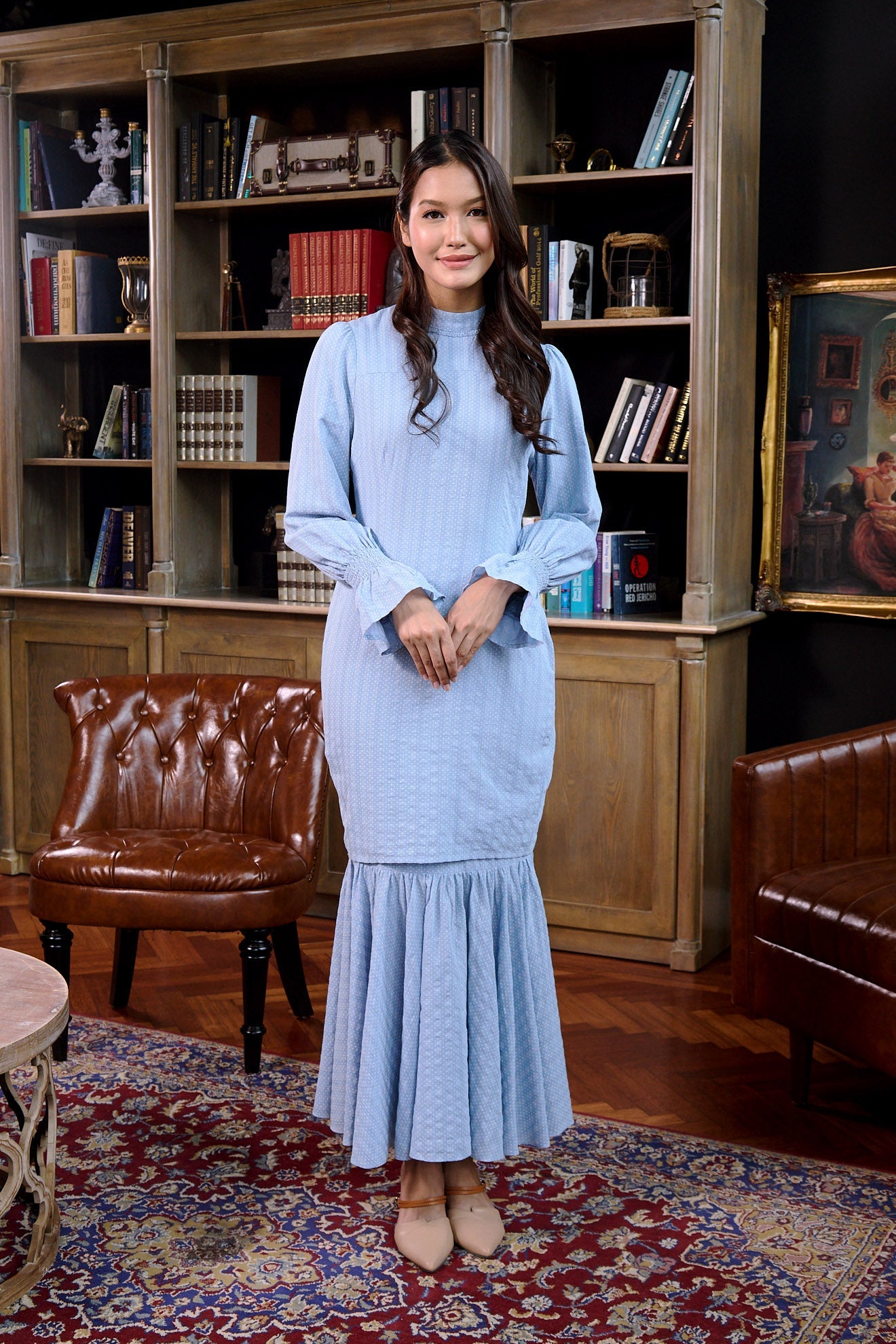 The Warisan Raya Women Jasmine Kurung Set Blue Polka Dot - Umbi