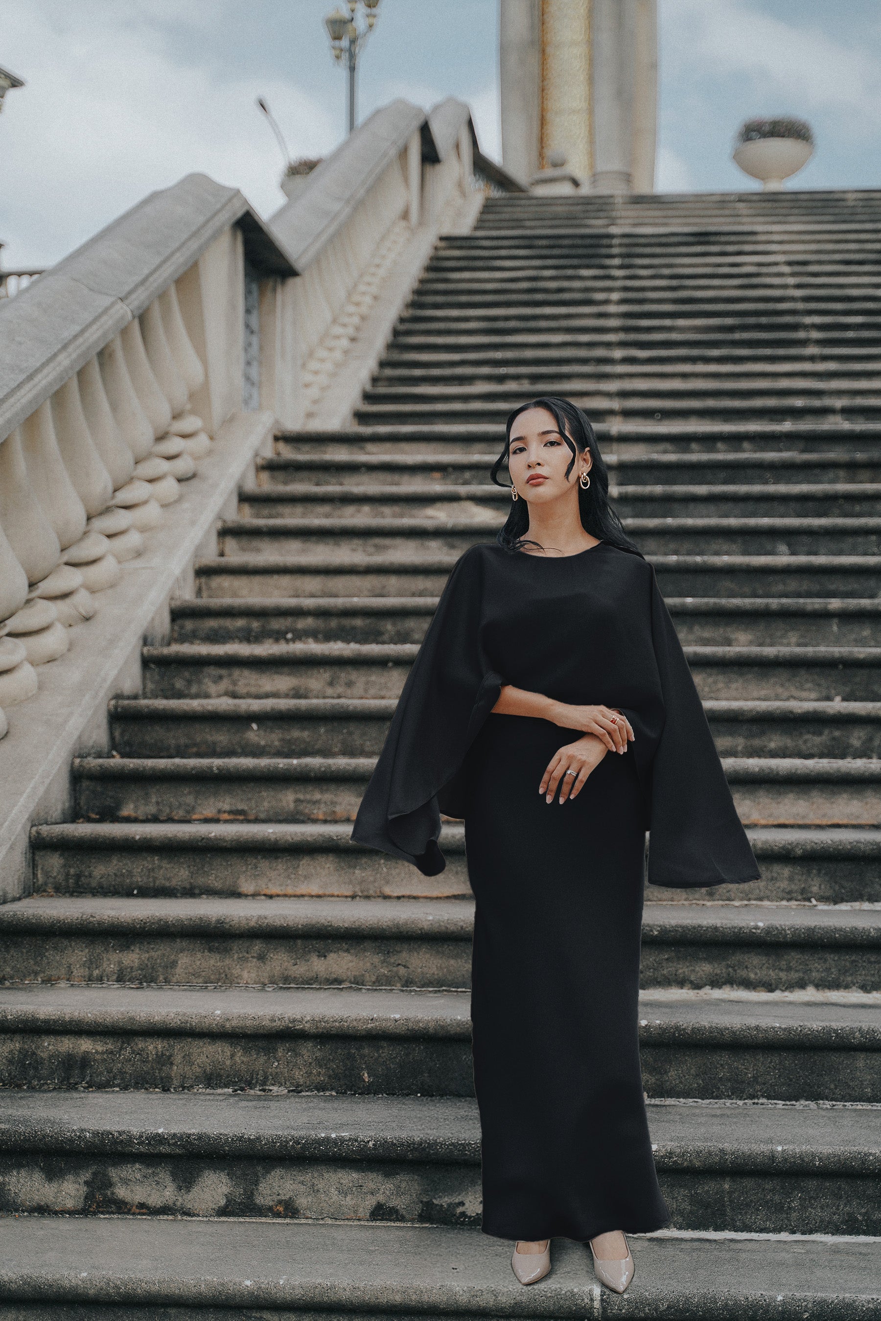 The City Breeze Pt.2 Women Satin Cape Dress Set Black