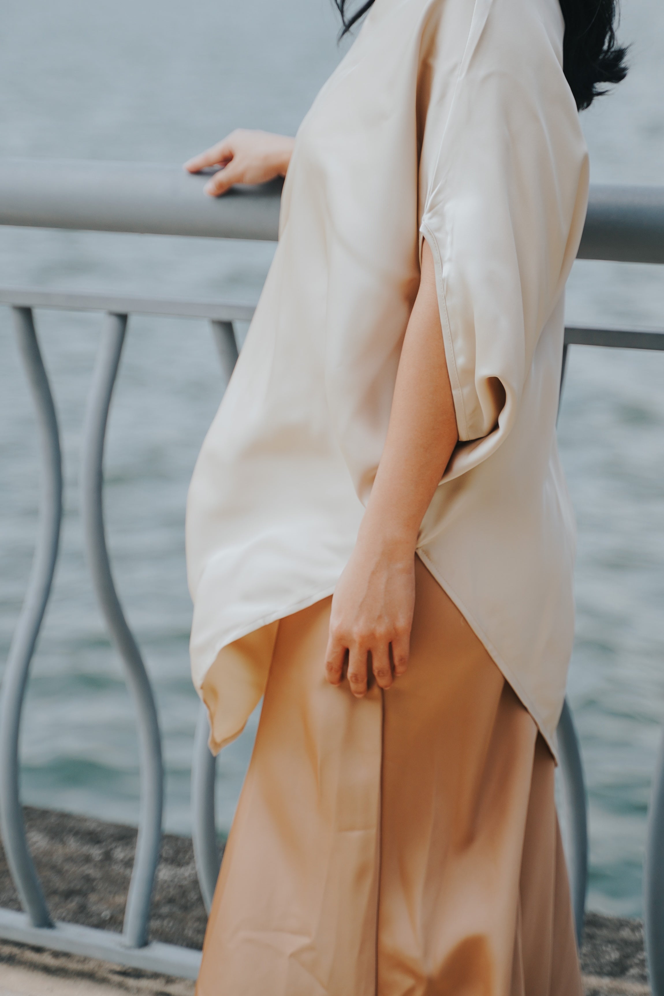 The City Breeze Pt.2 Women Asymmetrical Short Sleeves Satin Blouse Beige