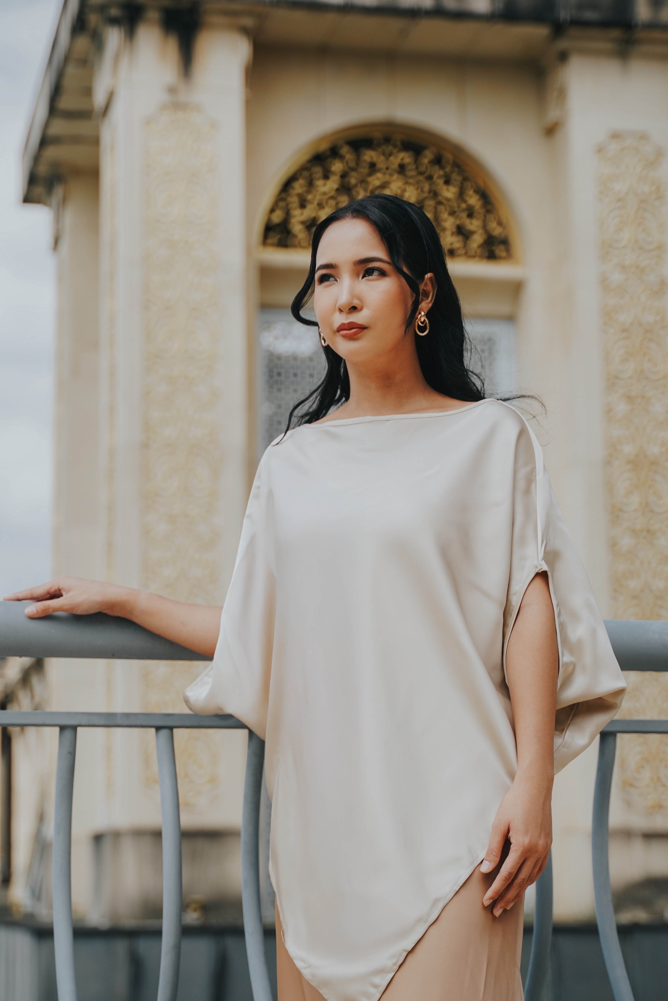The City Breeze Pt.2 Women Asymmetrical Short Sleeves Satin Blouse Beige
