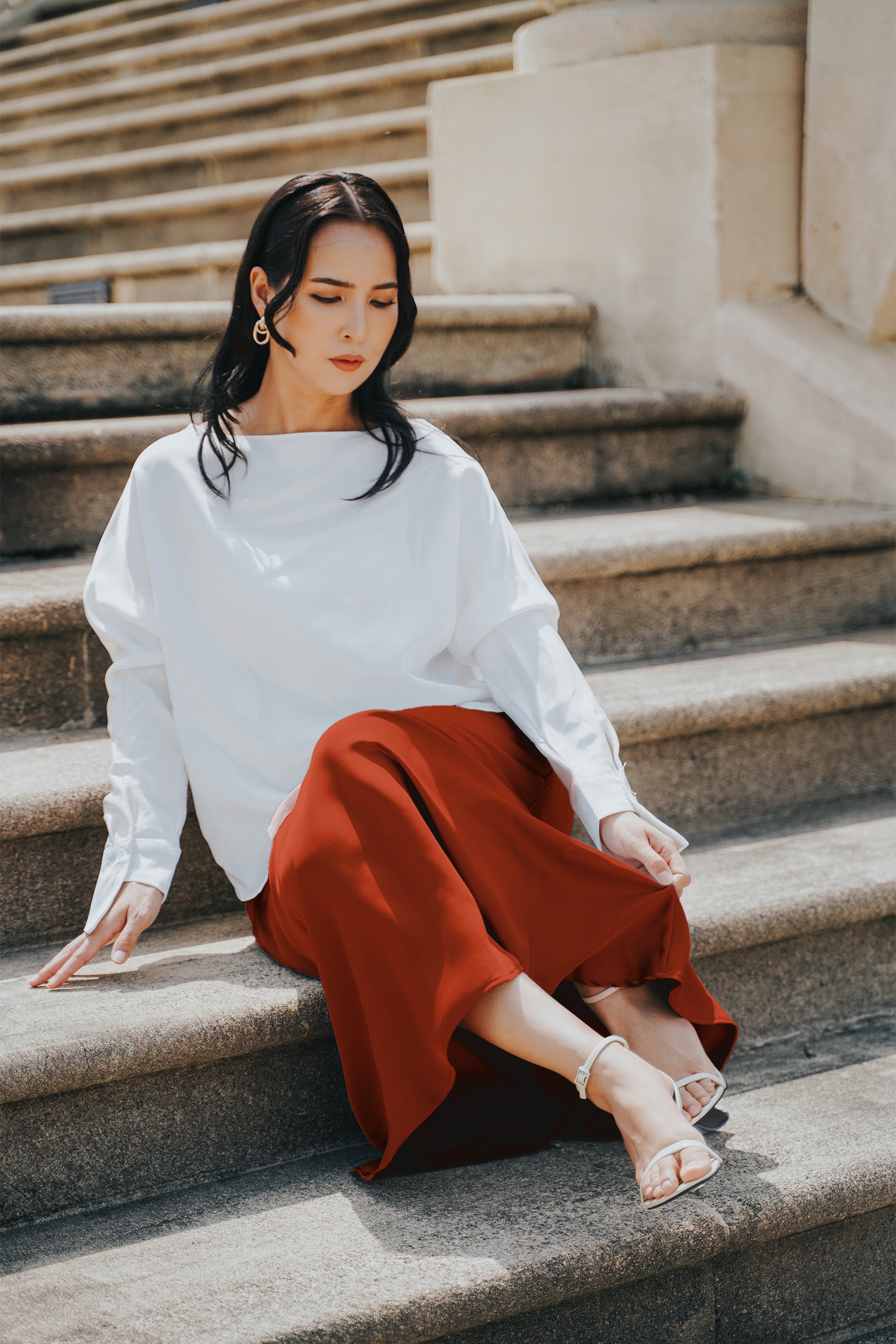 The City Breeze Pt.2 Women Satin Long Skirt Burnt Orange