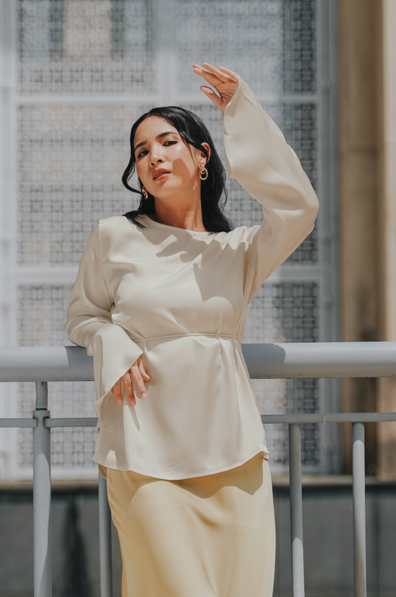 The City Breeze Pt.2 Women Long Sleeves Satin Blouse With Waist String Beige