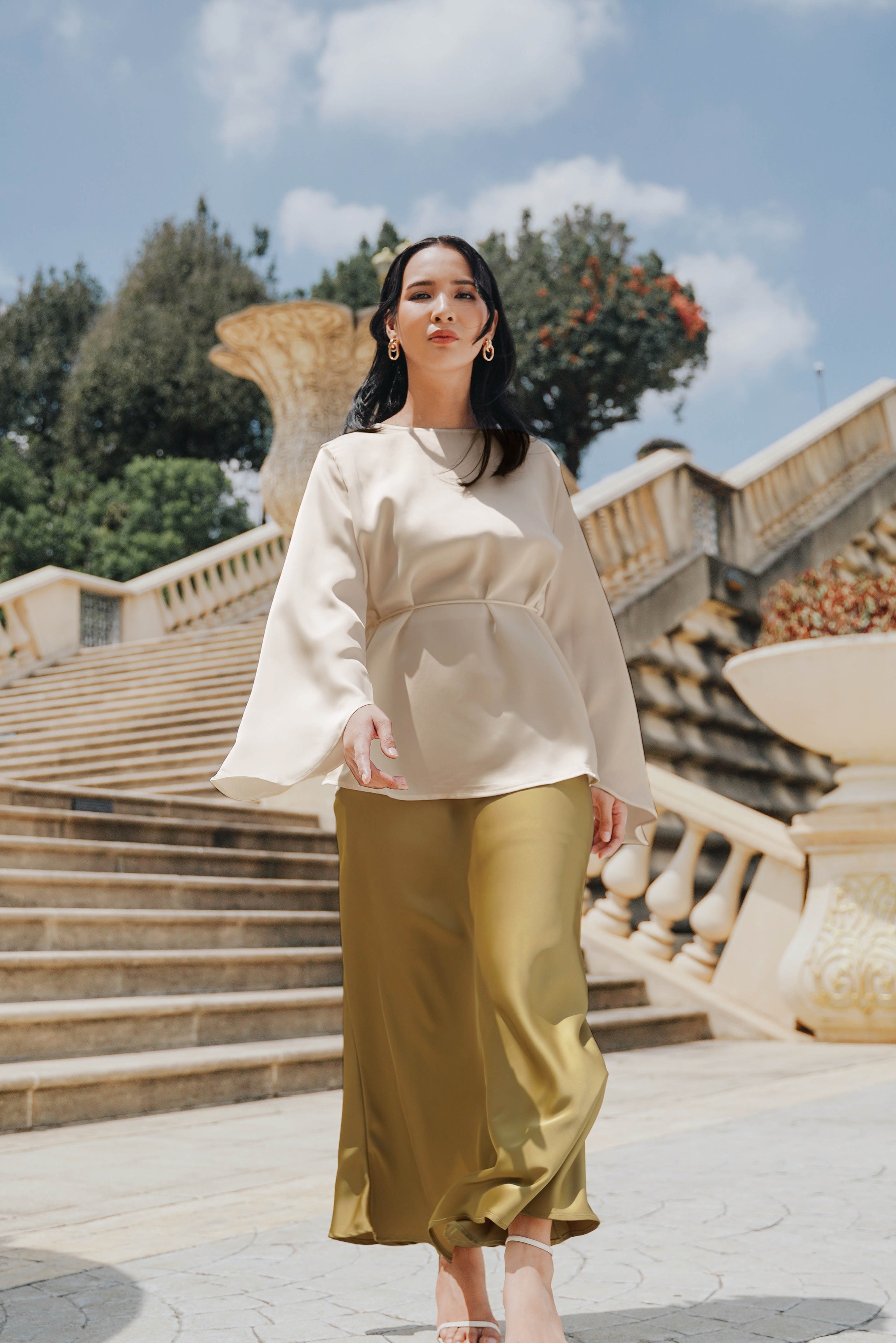 The City Breeze Pt.2 Women Long Sleeves Satin Blouse With Waist String Beige