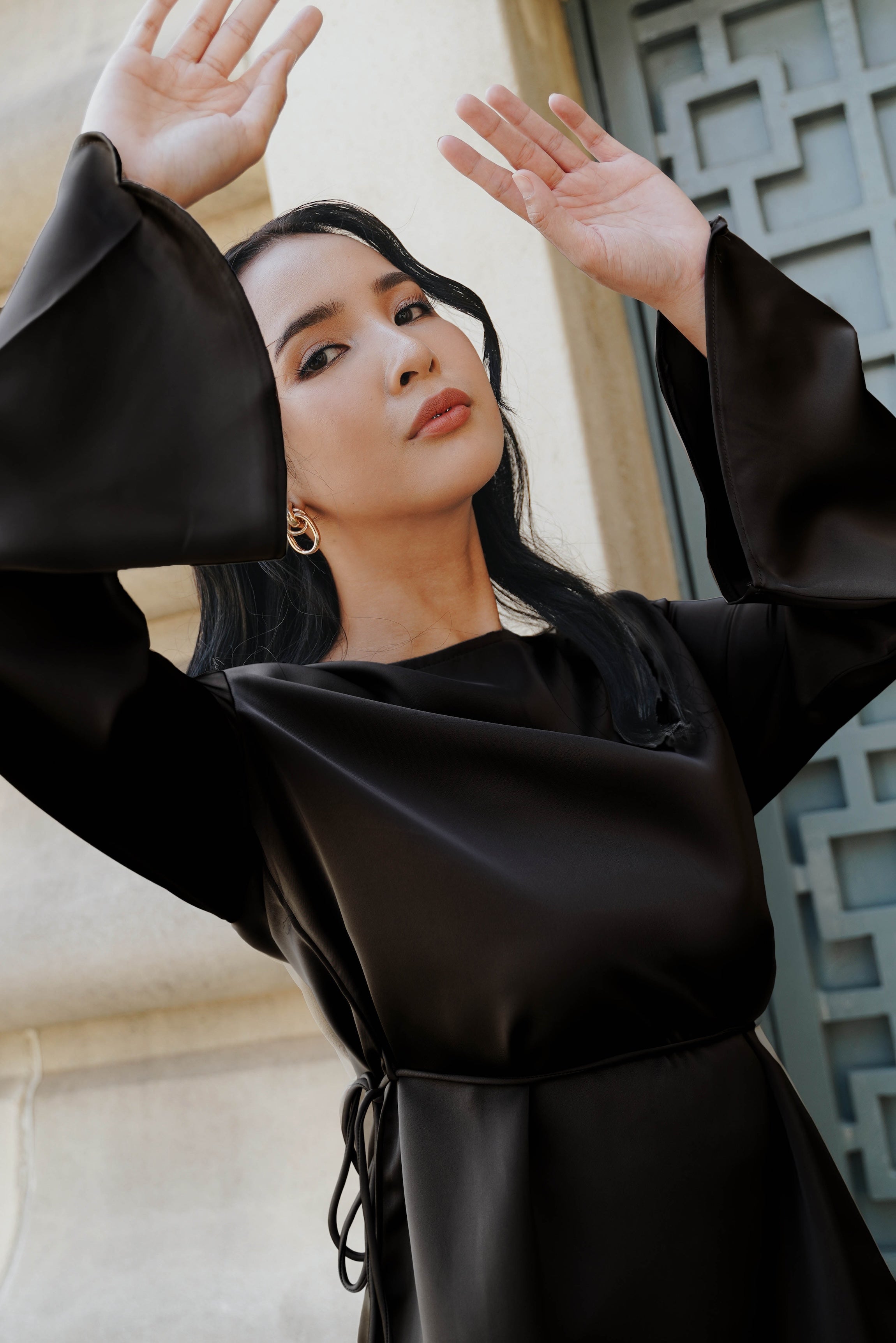 The City Breeze Pt.2 Women Long Sleeves Satin Blouse With Waist String Black