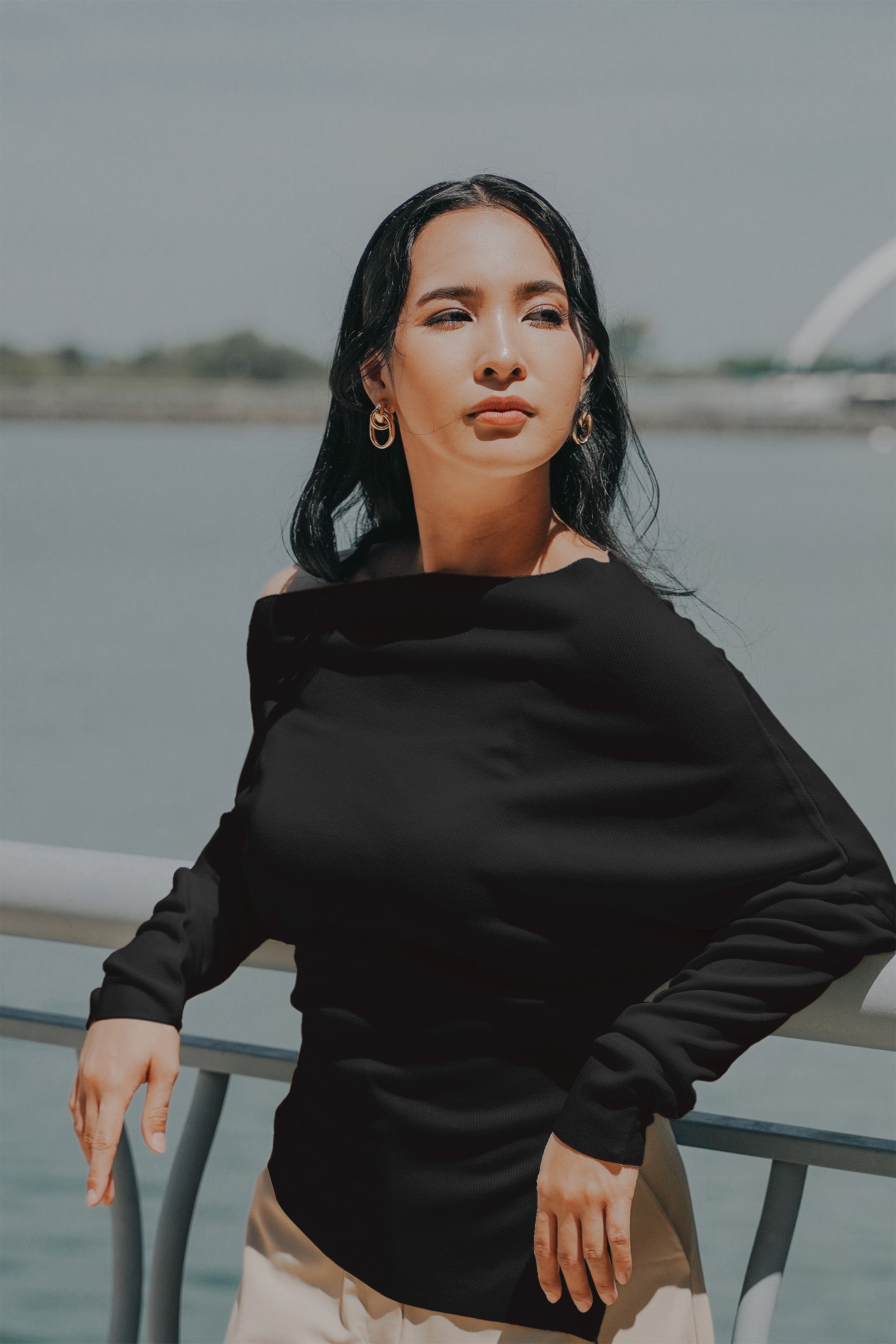 The City Breeze Pt.2 Women Off-Shoulder Knit Top Black