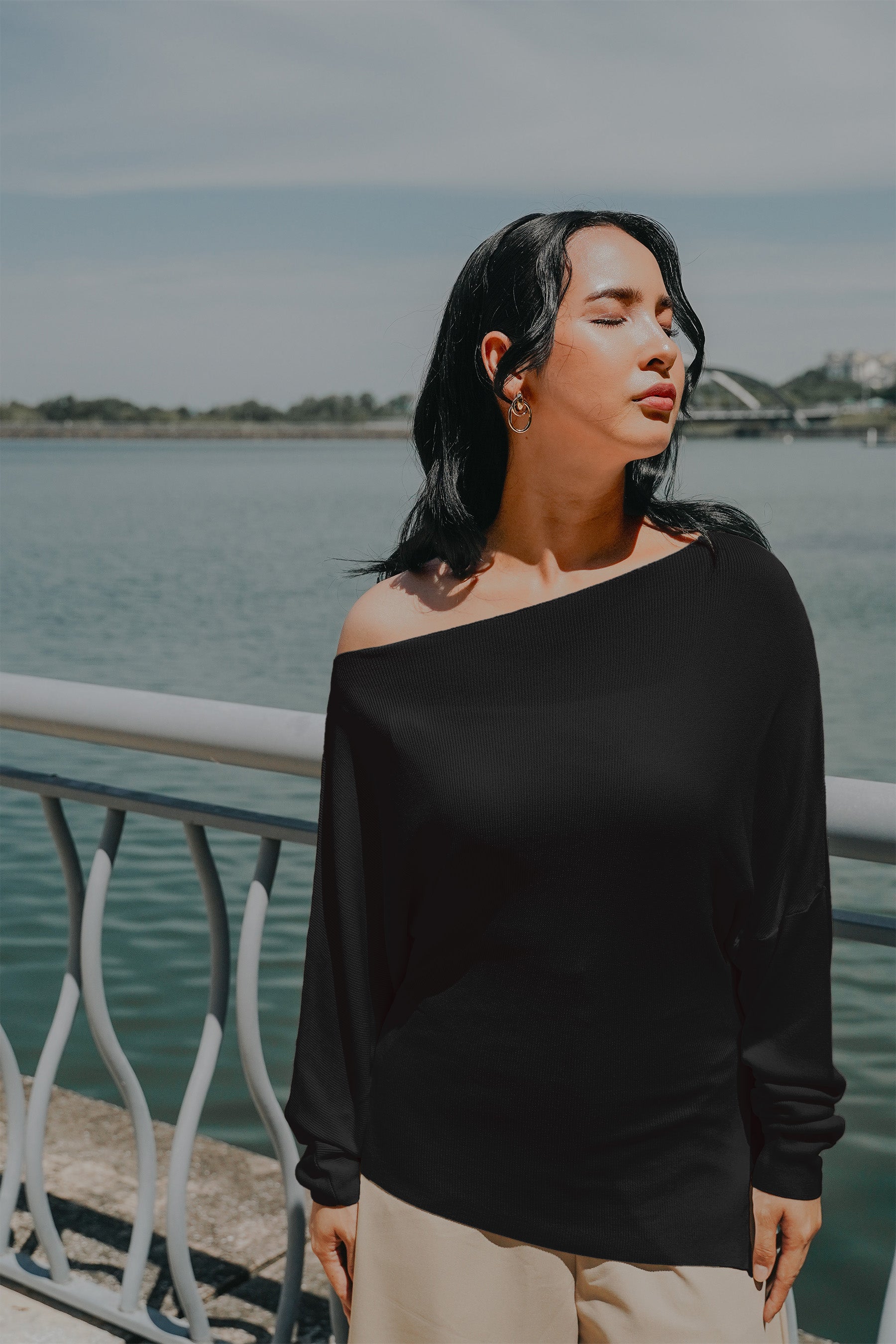 The City Breeze Pt.2 Women Off-Shoulder Knit Top Black