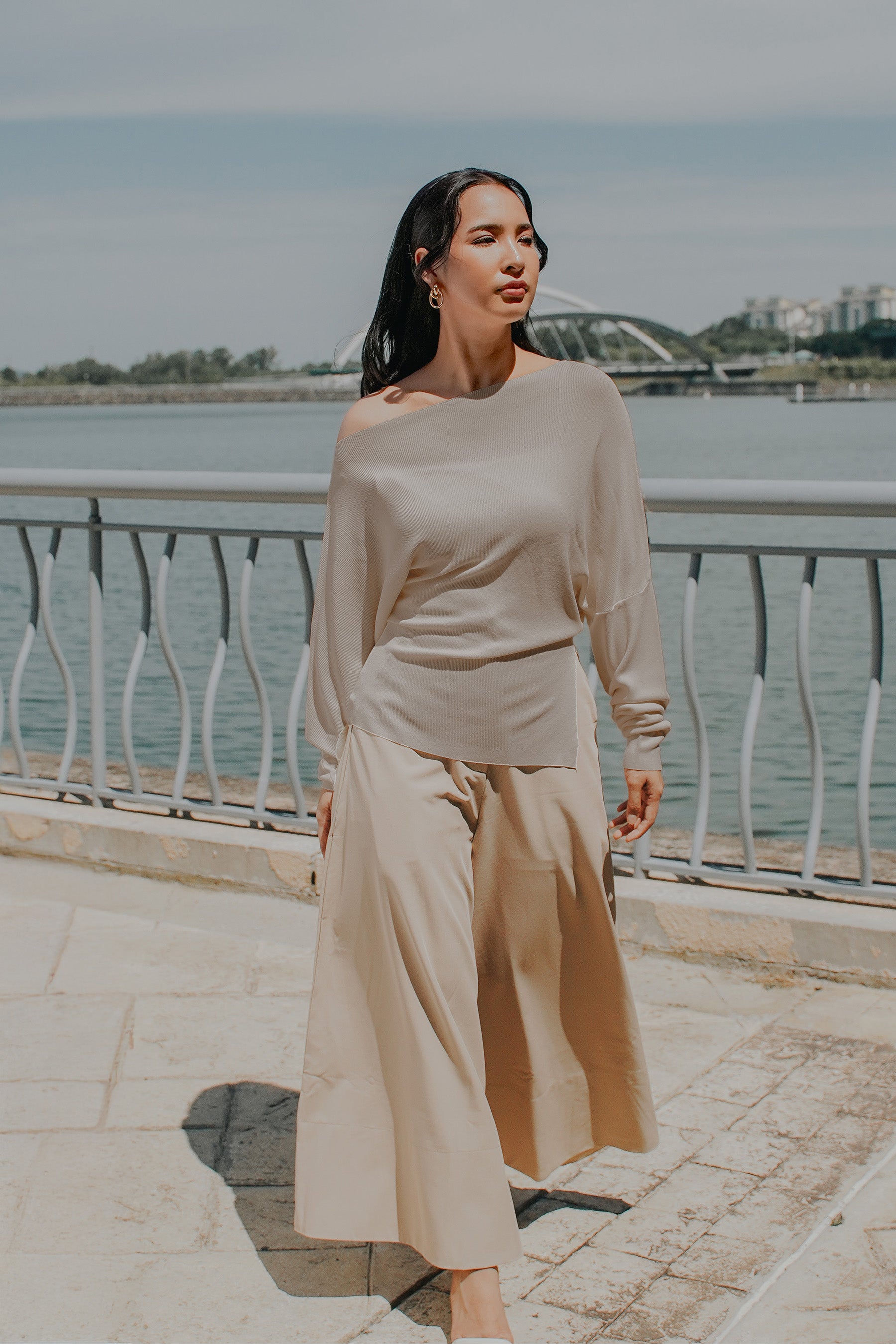 The City Breeze Pt.2 Women Off-Shoulder Knit Top Khaki