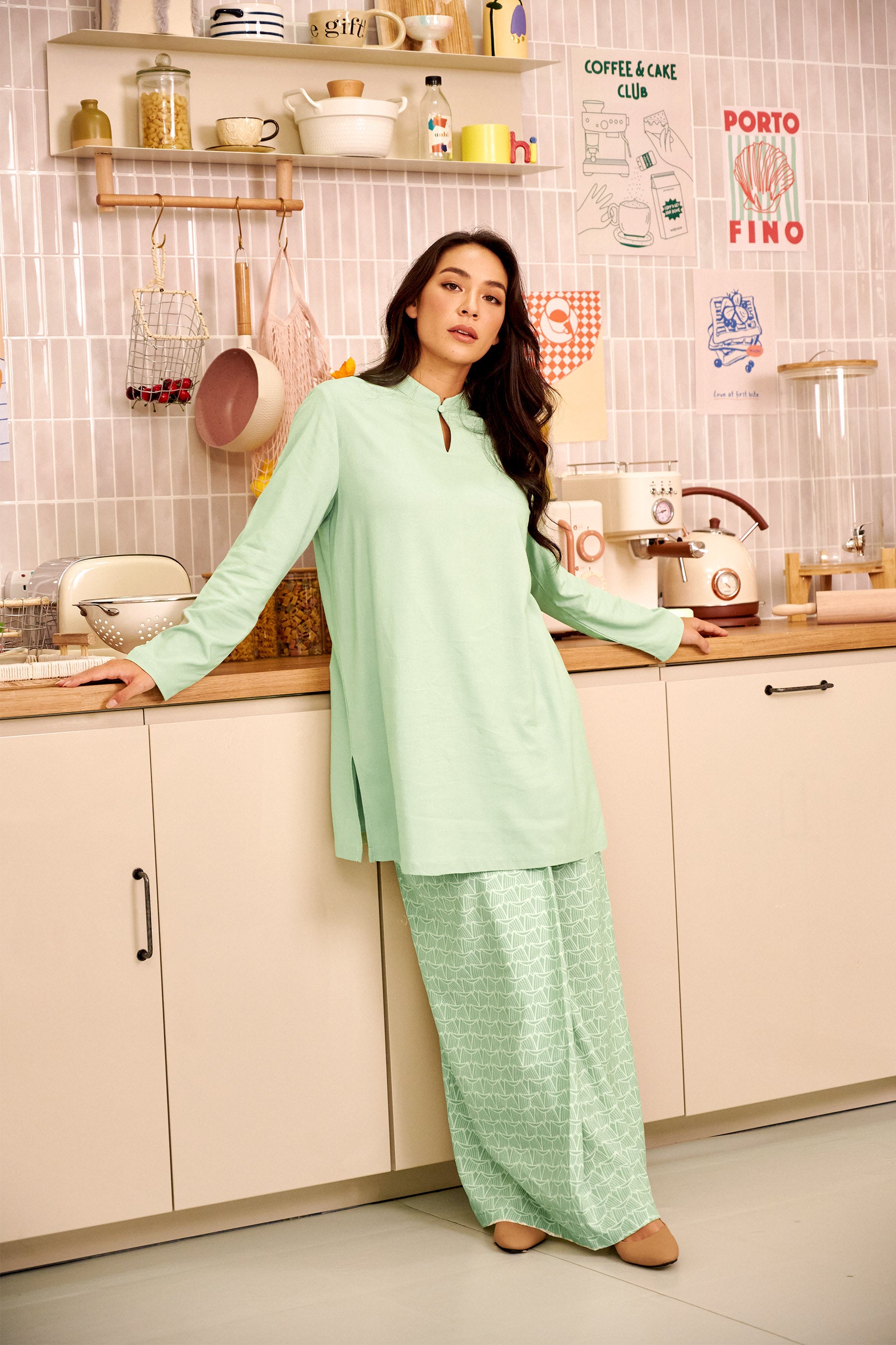 The Breakfast Club Women Mandarin Collar Kurung Top Mint Green