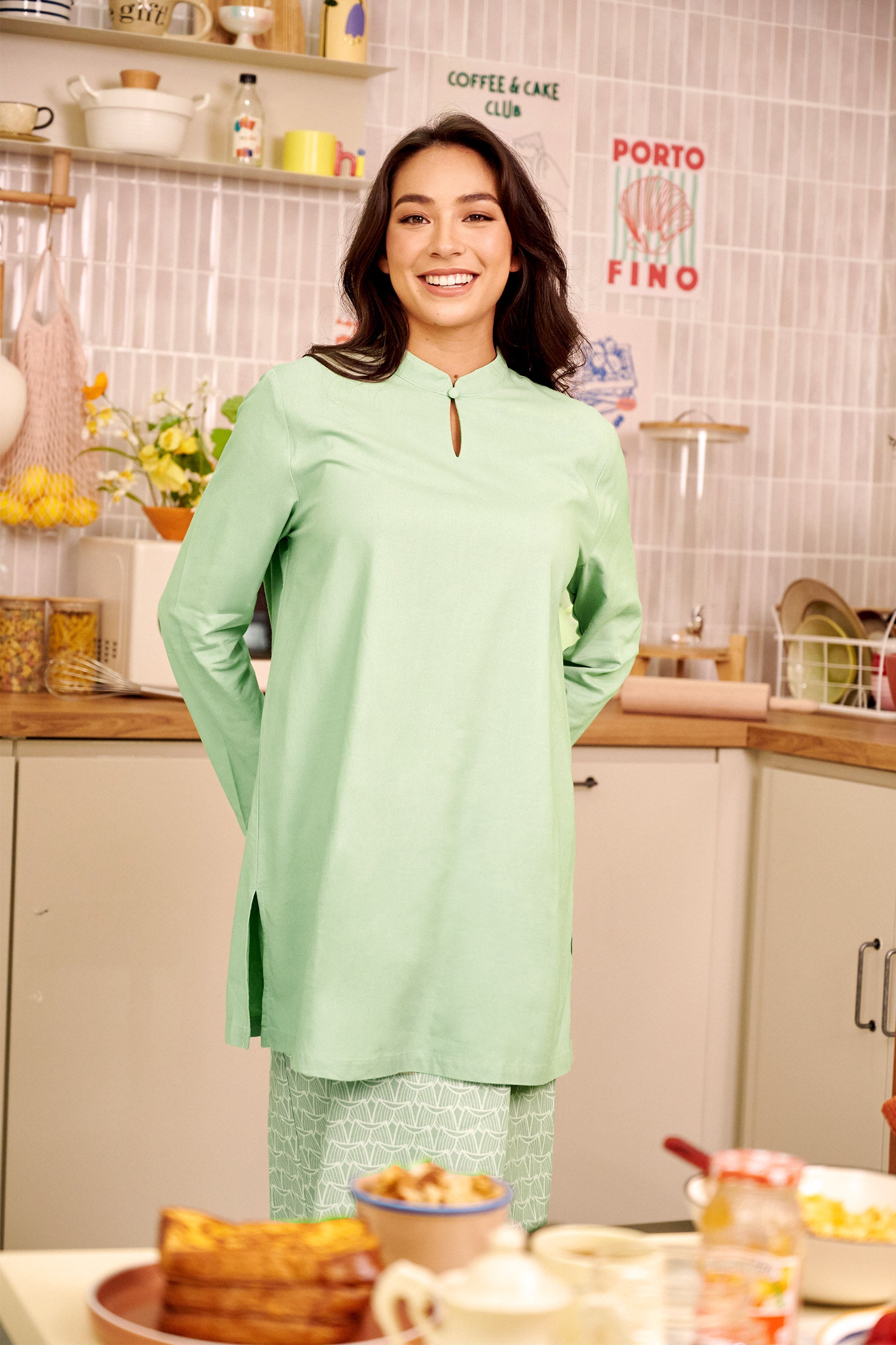 The Breakfast Club Women Mandarin Collar Kurung Top Mint Green