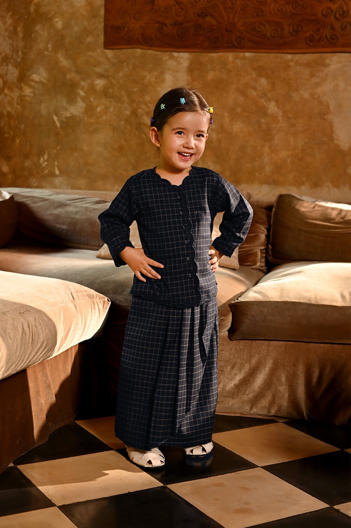 The Nusantara Collection Girl Kebaya Top with Embroidery Checked Navy Mustard