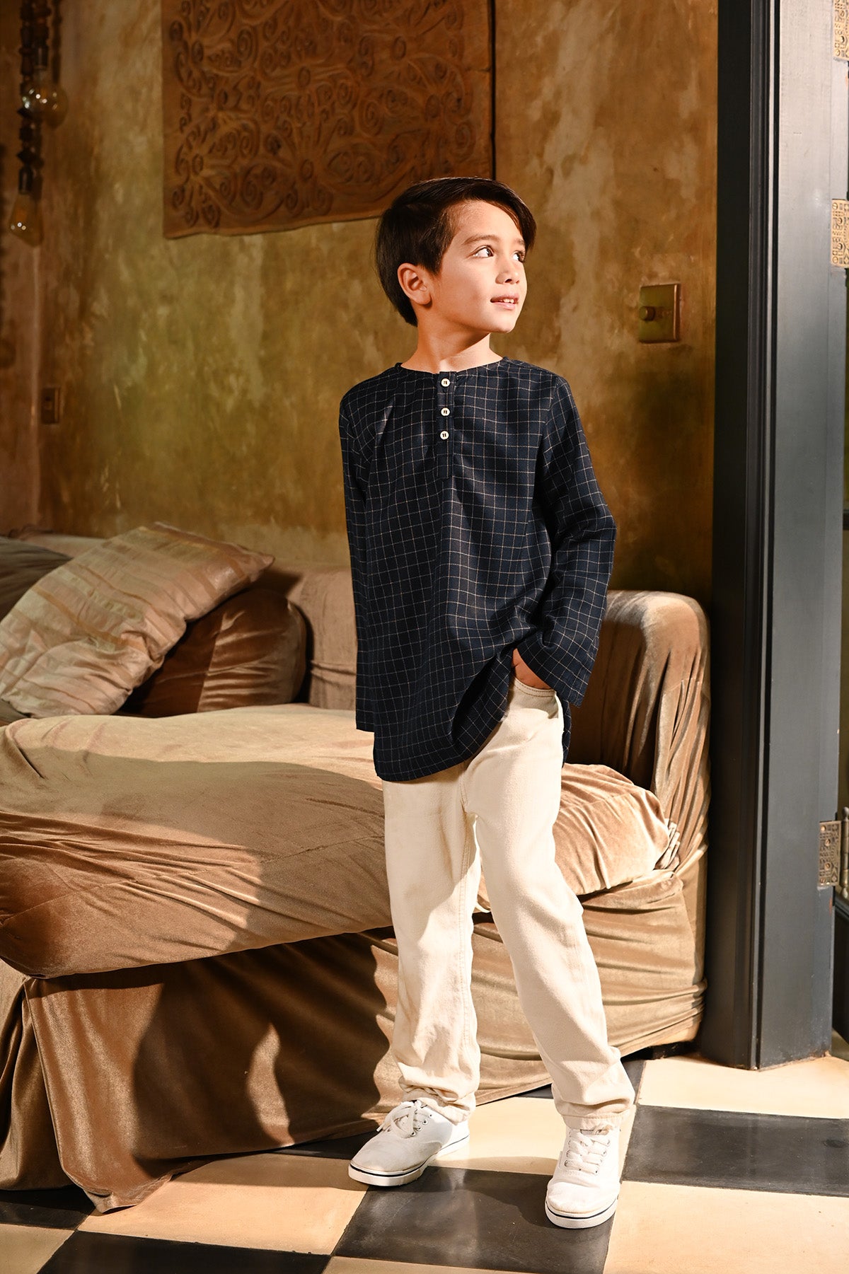 The Nusantara Collection Boy Long Sleeve Kurta Checked Navy Mustard