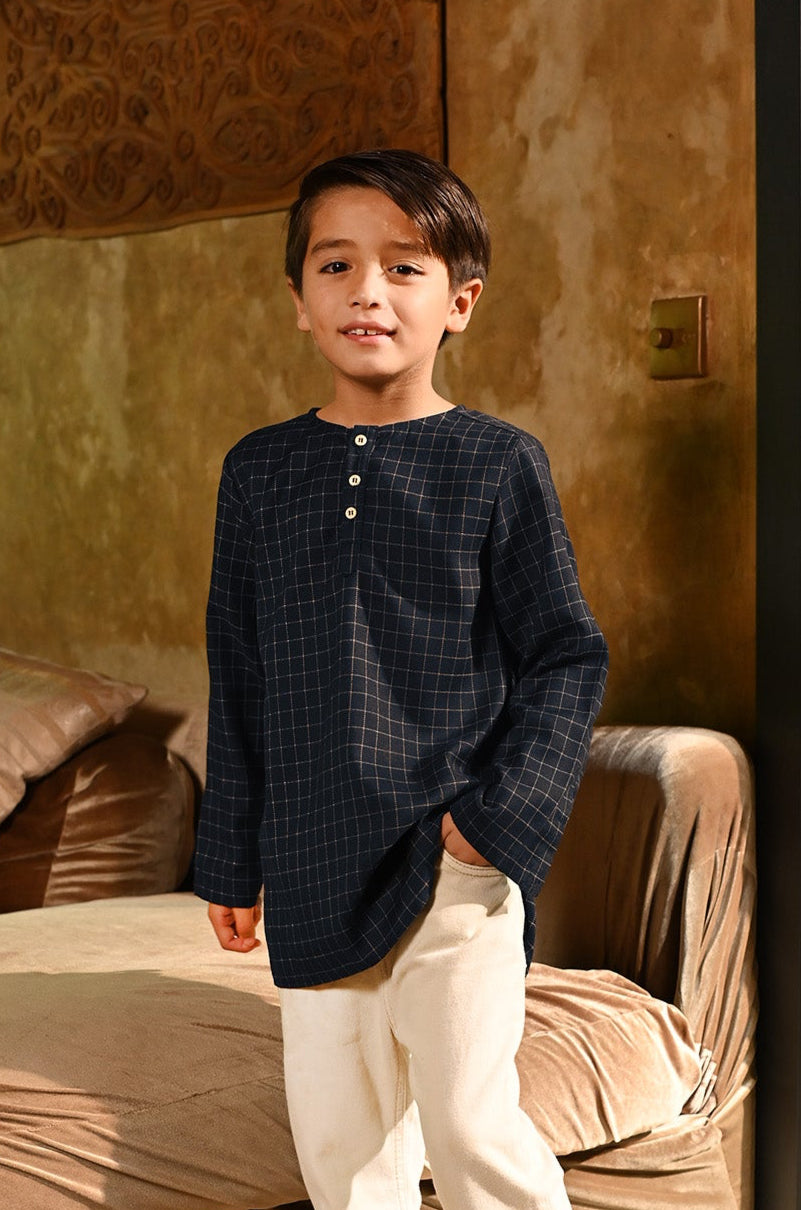 The Nusantara Collection Boy Long Sleeve Kurta Checked Navy Mustard