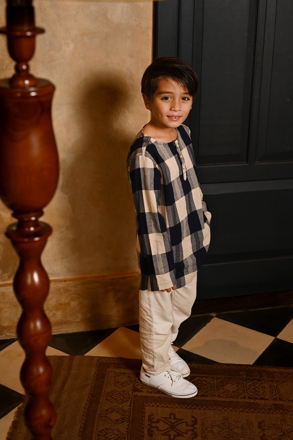 The Nusantara Collection Boy Long Sleeve Kurta Checked Navy