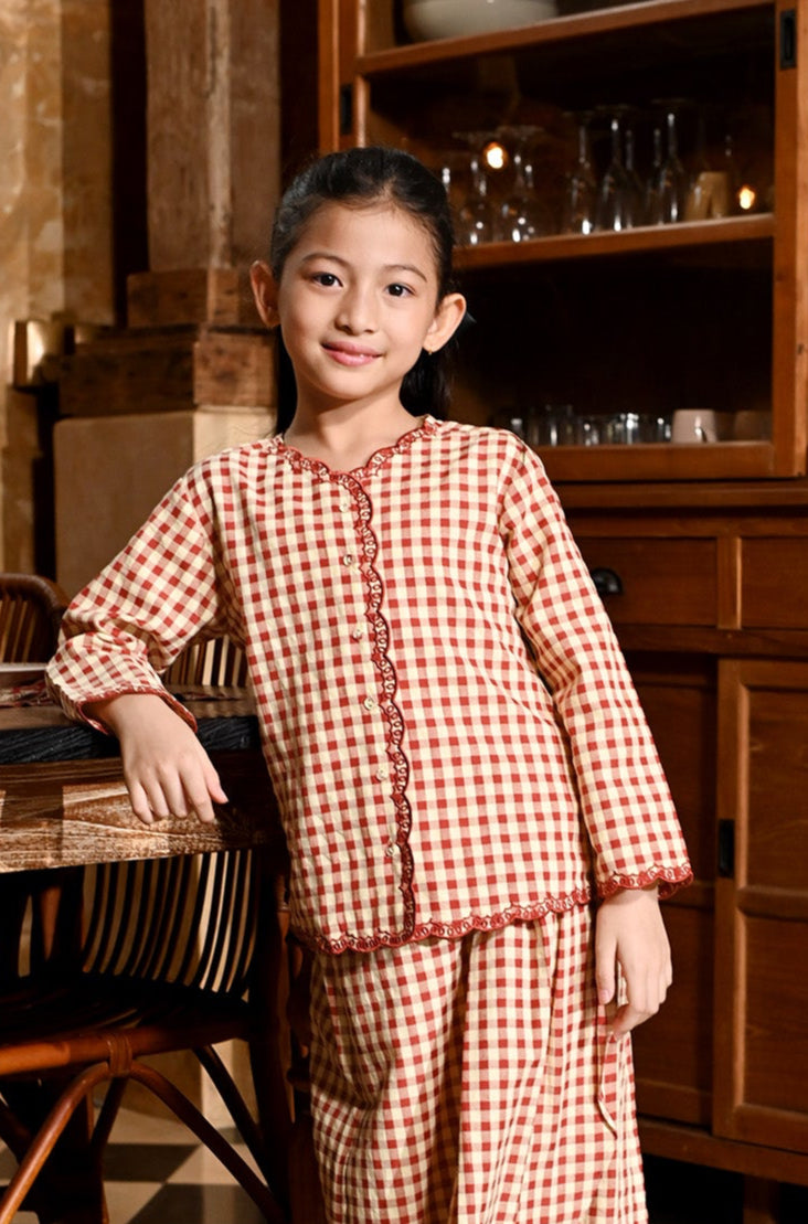 The Nusantara Collection Girl Kebaya Top with Embroidery Checked Red